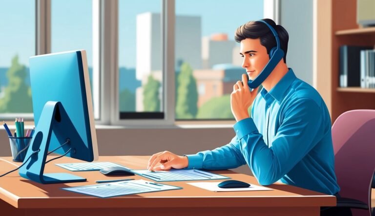 Man wearing headset working at a desk with a computer and documents