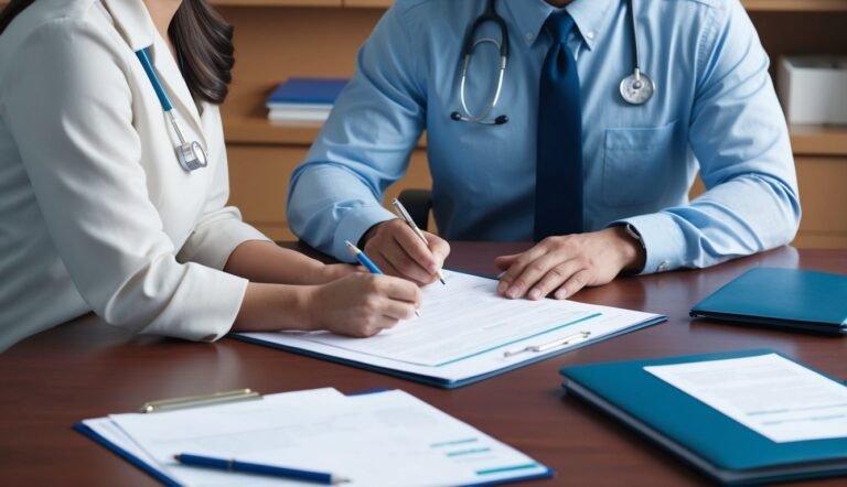 Two doctors with stethoscopes writing on paperwork at a desk