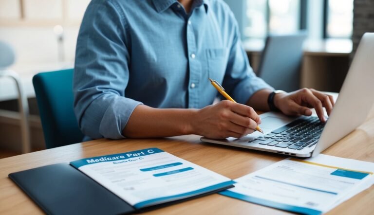 Person working on laptop with Medicare Part C documents and pen