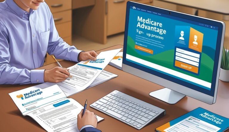 Man filling out Medicare Advantage forms, computer screen with sign-up process