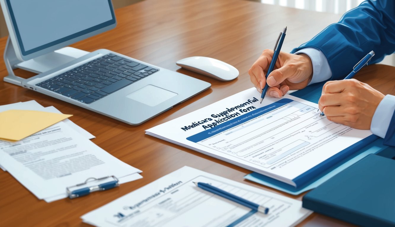 A person filling out a Medicare Supplemental application form at a desk with a computer and paperwork