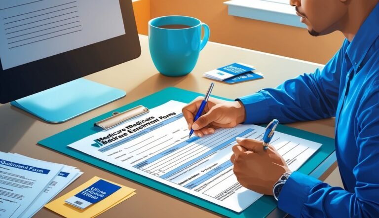 Person filling out Medicare enrollment forms at a desk with a computer