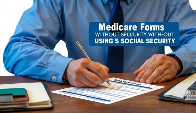 Person in blue shirt filling out Medicare forms with a pen