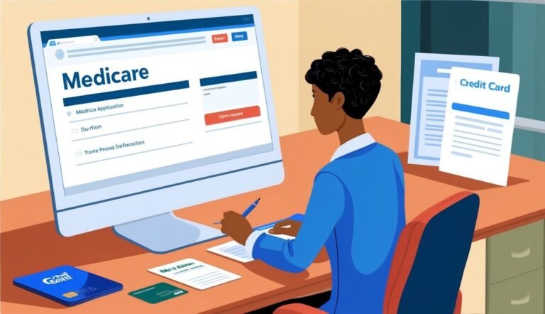 Person filling out Medicare application online, credit cards on desk