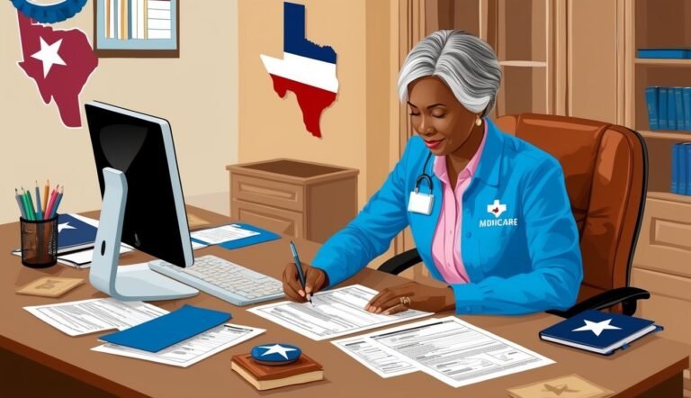 A doctor in a blue coat working at a desk with Texas decor