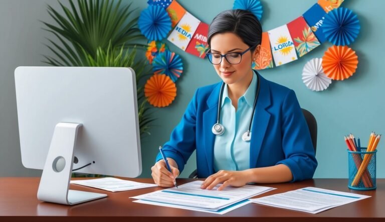 Doctor in blue suit writing on paperwork at a desk with a computer
