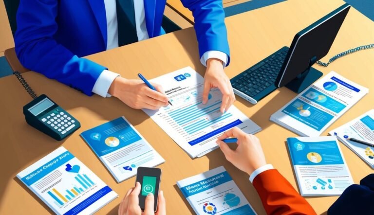 People at a table reviewing charts, graphs, and a laptop