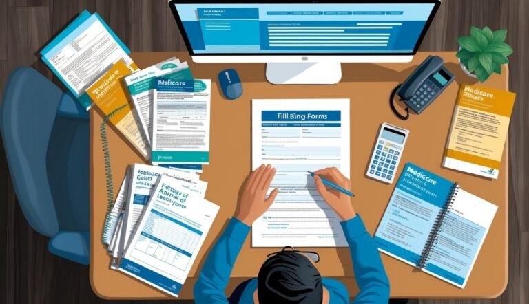 Person filling out forms on a desk with Medicare documents and a computer