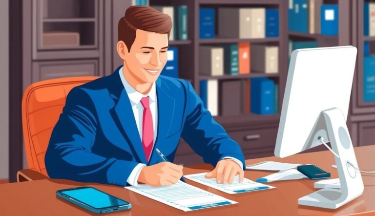 Man in blue suit writing at desk with computer and documents