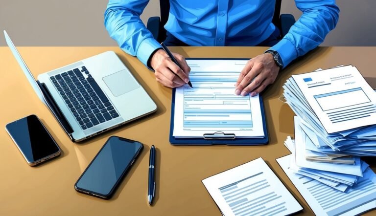 Person in blue shirt filling out paperwork at a desk with laptop and phones