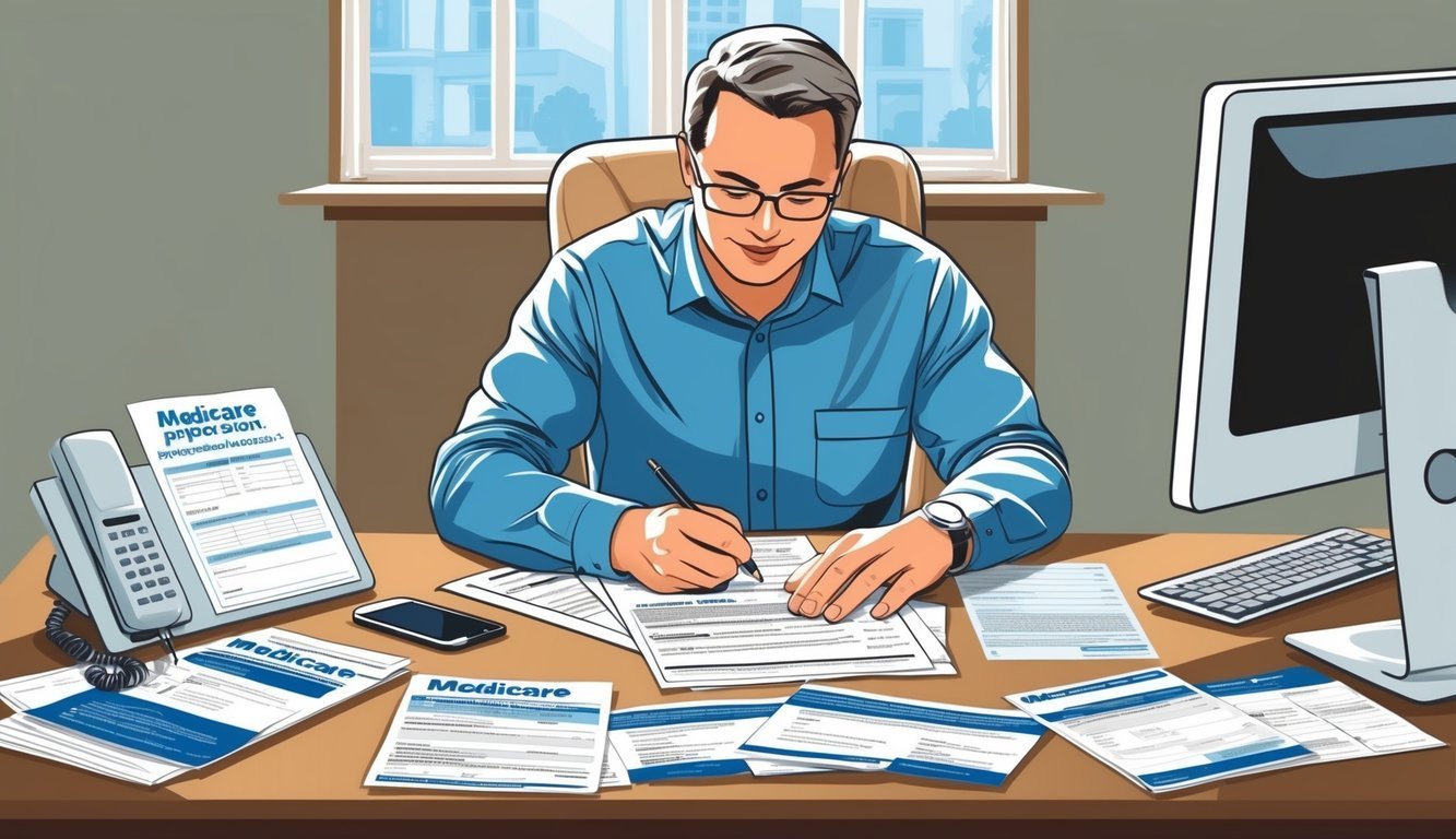 A person filling out Medicare paperwork at a desk with a computer and phone nearby, surrounded by informational pamphlets and forms