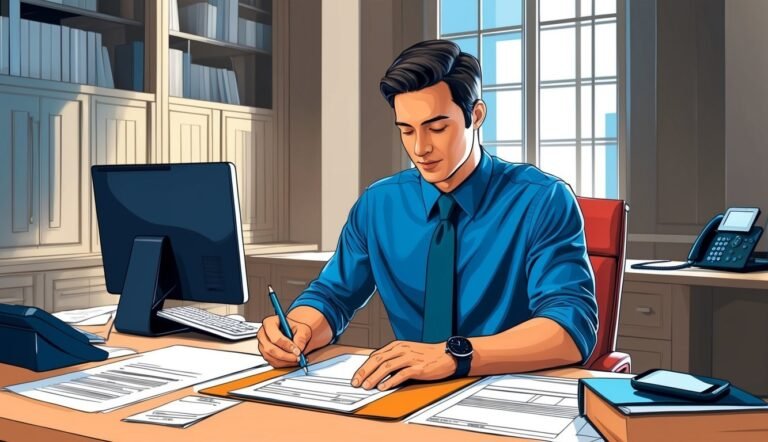 Man in blue shirt writing on documents at a desk in an office