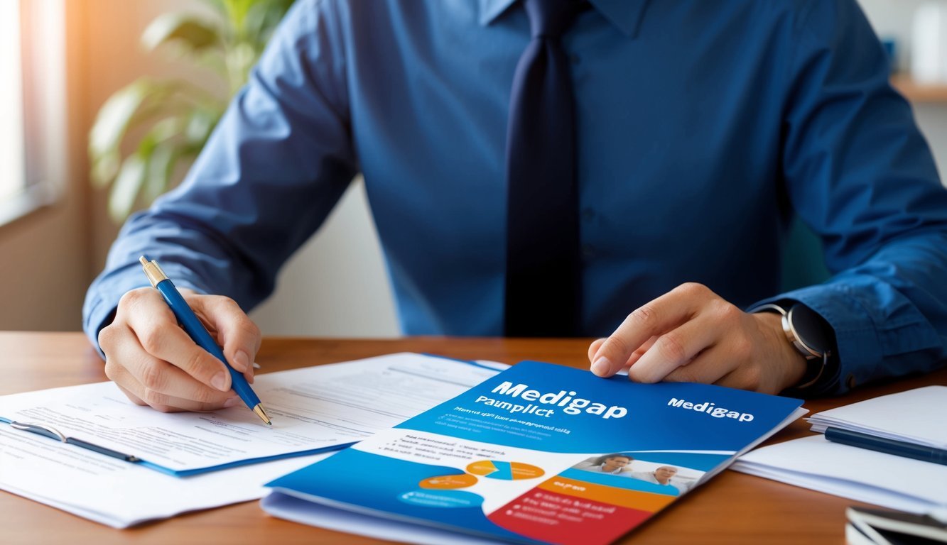 A person sitting at a desk filling out paperwork with a Medigap pamphlet open in front of them