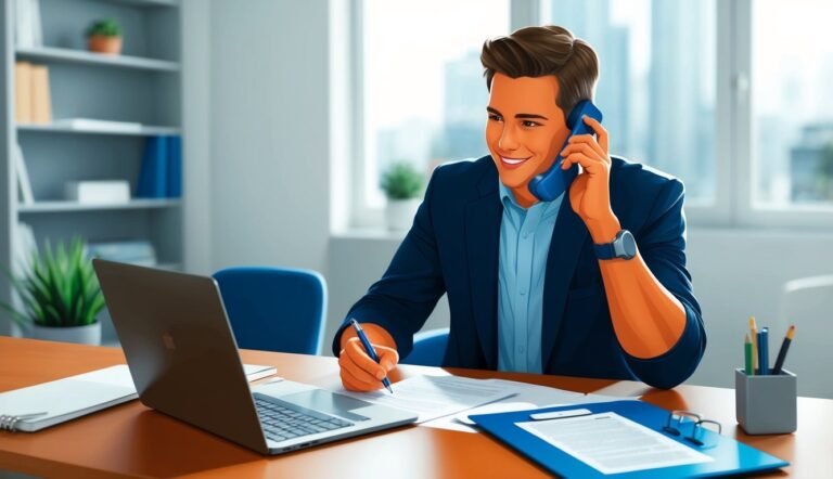 Smiling businessman on the phone, writing at his desk with laptop