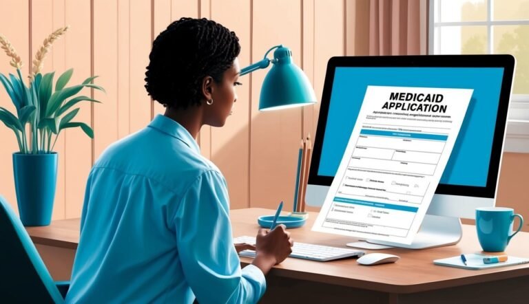 Woman filling out a Medicaid application on a computer at a desk