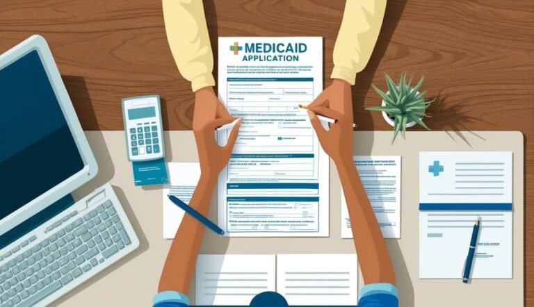 Hands filling out a Medicaid application form on a desk with a laptop