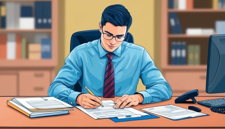 Man in a blue shirt and tie writing on documents at a desk