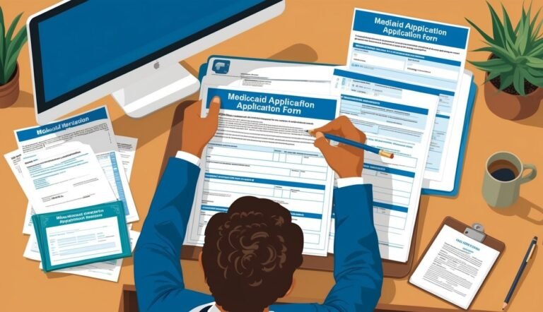Person filling out Medicaid application forms at a desk