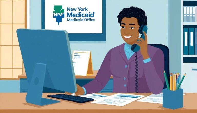 A New York Medicaid worker on the phone at a desk