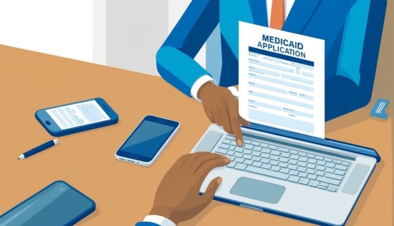 Person filling out a Medicaid application on a laptop, with phones nearby