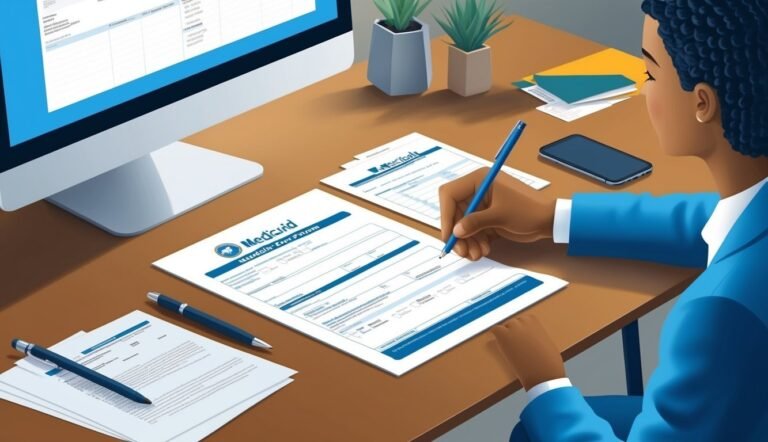 Woman in blue suit filling out a Medicaid form at a desk