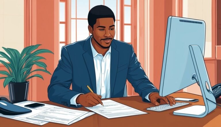 Man in suit working at desk with computer and documents