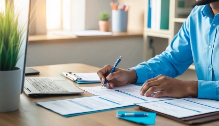 Person in blue shirt writing on documents at a desk with laptop