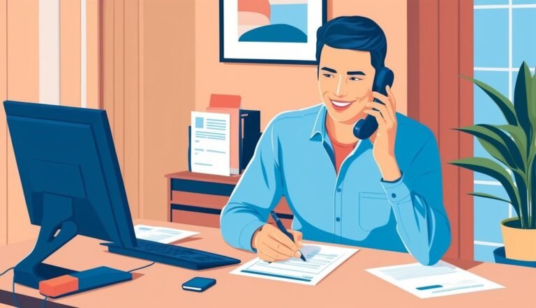 Man on phone at desk, writing on paper, computer nearby