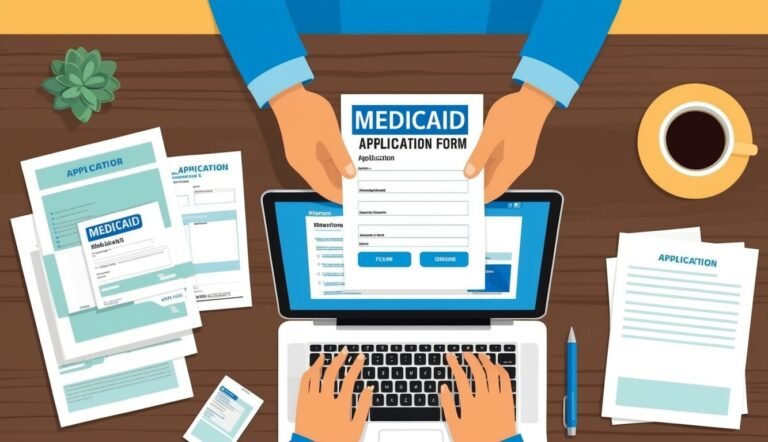 Hands filling out a Medicaid application form on a laptop and paper