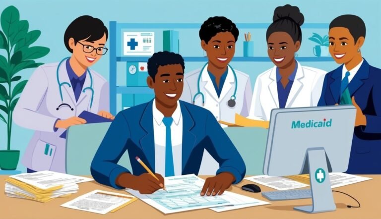 Group of people reviewing Medicaid paperwork in an office setting