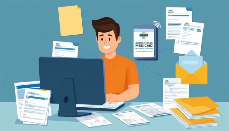 Man working on computer with documents, phone, and folders around