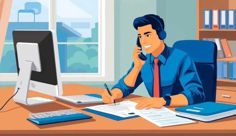 Man in office on phone, writing on documents, with computer and bookshelf