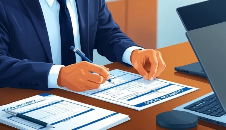 Person in suit filling out Social Security form with laptop nearby