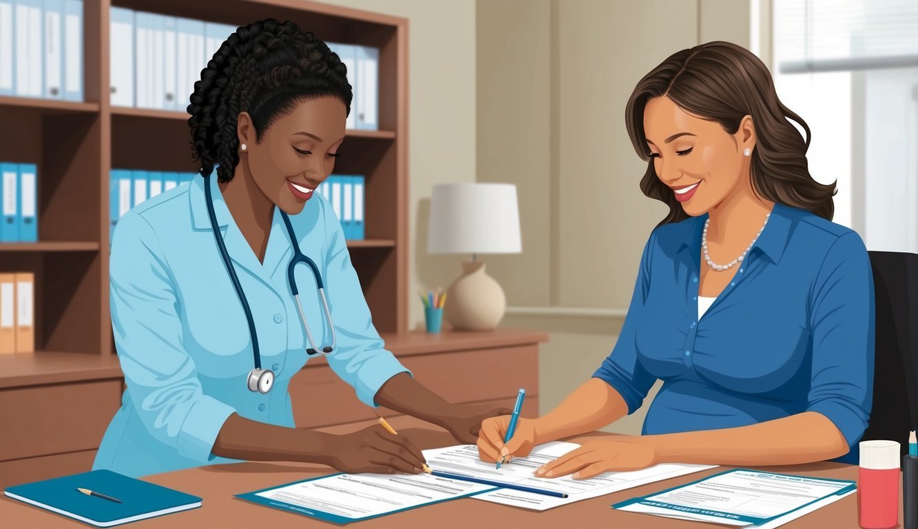 A pregnant woman filling out forms at a Medicaid office with a staff member assisting her