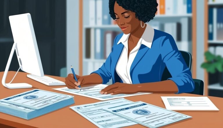 Woman in blue suit filling out forms at a desk with computer