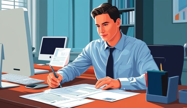 Man in office writing on documents at a desk with computer