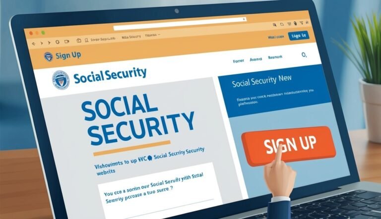 Laptop screen displaying the Social Security sign-up page with a hand pointing to "Sign Up"