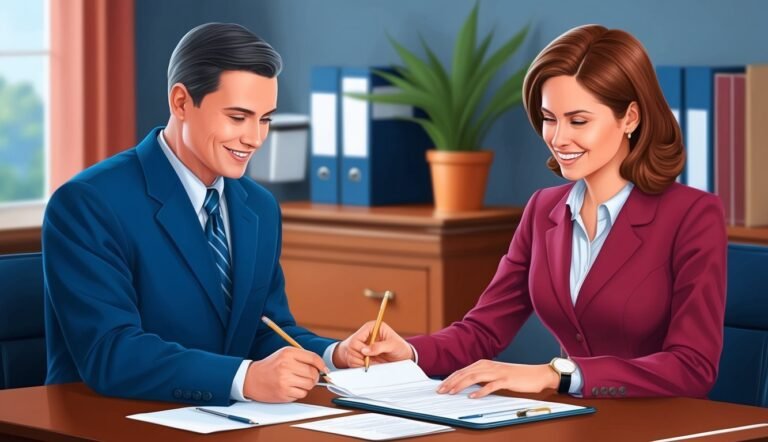 Two business people reviewing documents at a desk, smiling