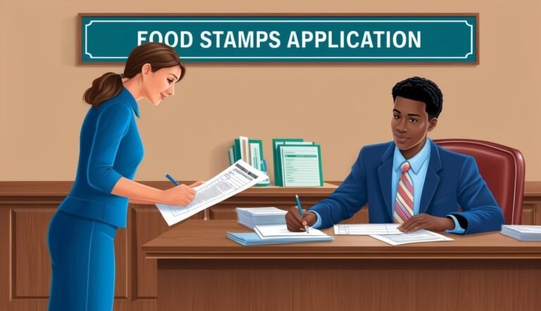 Two people filling out a food stamps application at a desk