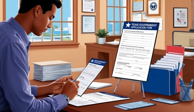 Man filling out Texas government application form at a desk