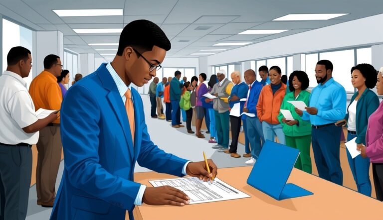 Man in blue suit filling out form, people waiting in line