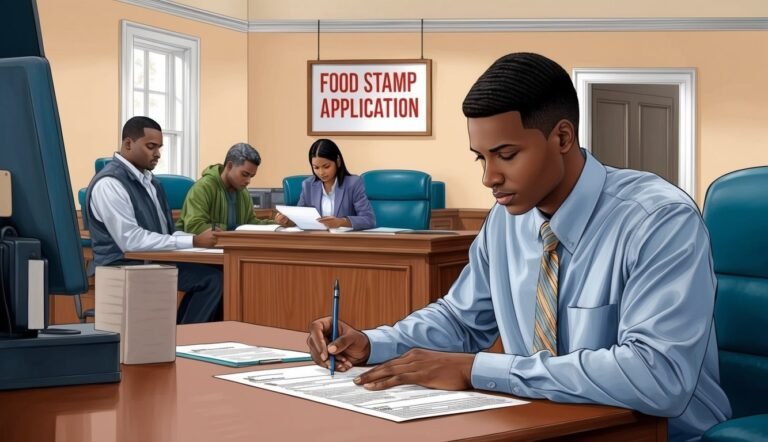 Man filling out a food stamp application in an office setting
