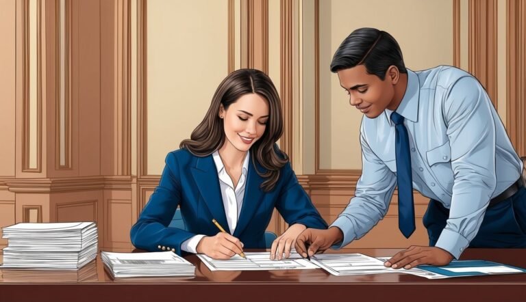 Woman in blue suit signing documents with a man's help