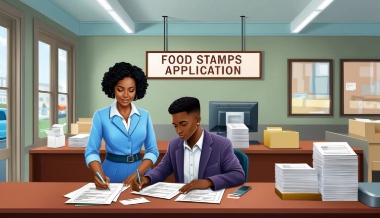 Two people filling out a food stamps application at a desk