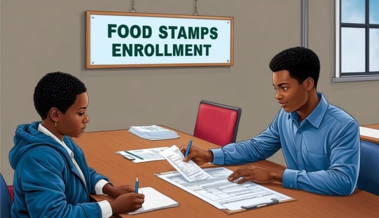 Two people at a table, food stamps enrollment sign above them