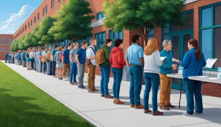 People line up outside a brick building, waiting at a registration table