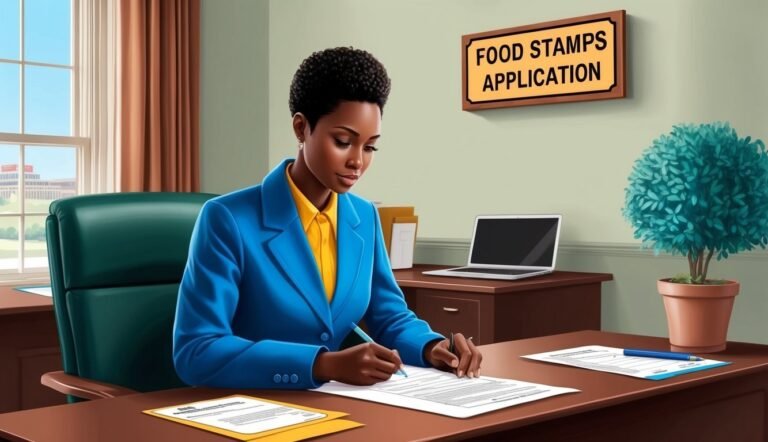 Woman in blue suit filling out a food stamps application