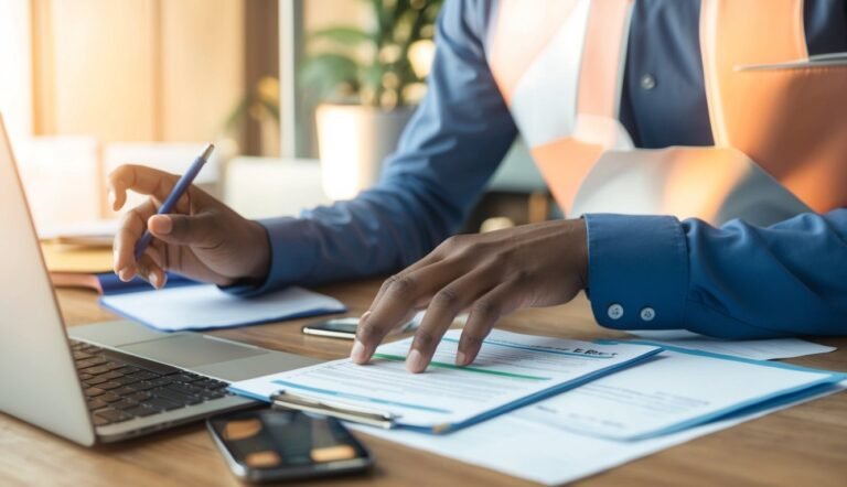 Person in safety vest reviews documents at desk with laptop and pen