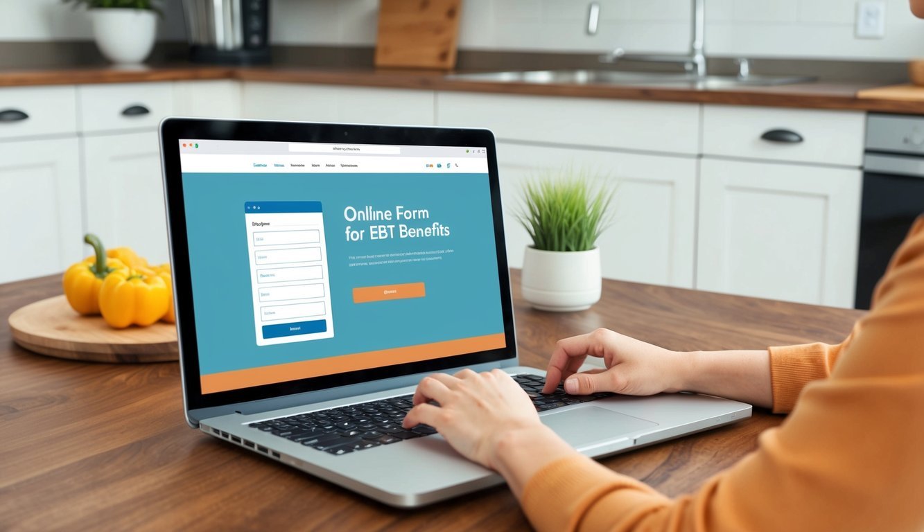 A laptop open on a kitchen counter, with a person filling out an online form for EBT benefits