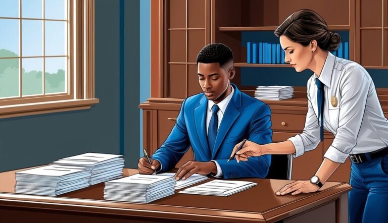 Man in blue suit signing documents with a woman assisting